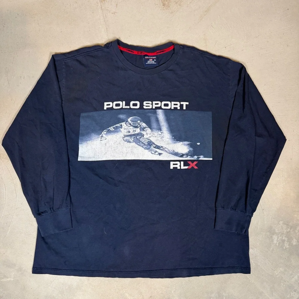Vintage Polo Sport RLX Skier Graphic Long Sleeve T-Shirt‎ Navy Blue Mens XL USA